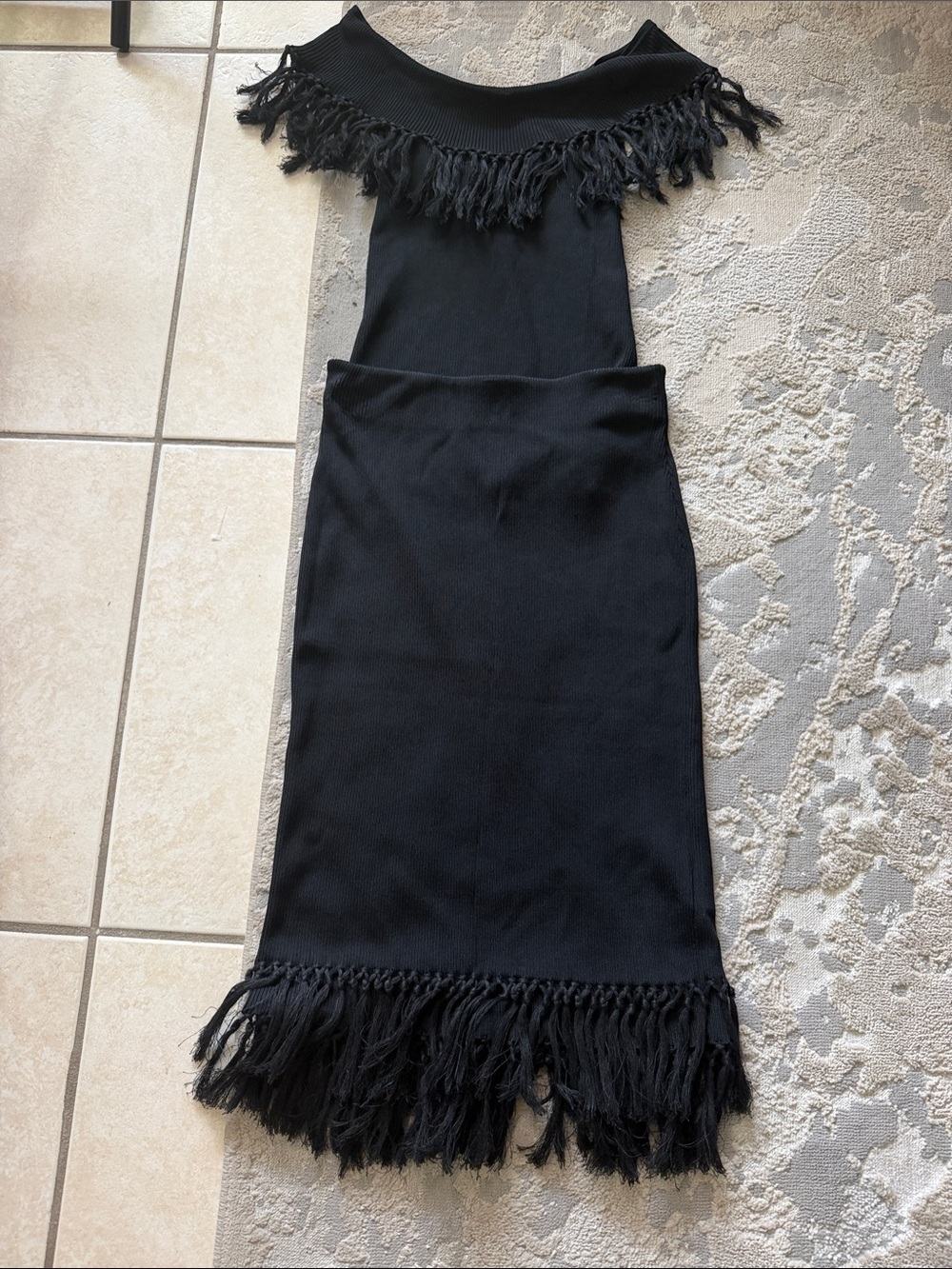 Polo by Ralph Lauren Black Off-Shoulder Fringe Knit Dress